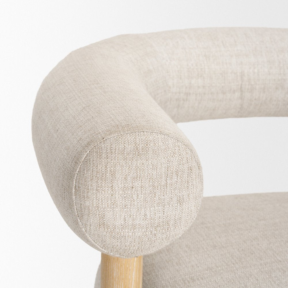 31" Cream and Natural Linen and Solid Wood Barrel Chair