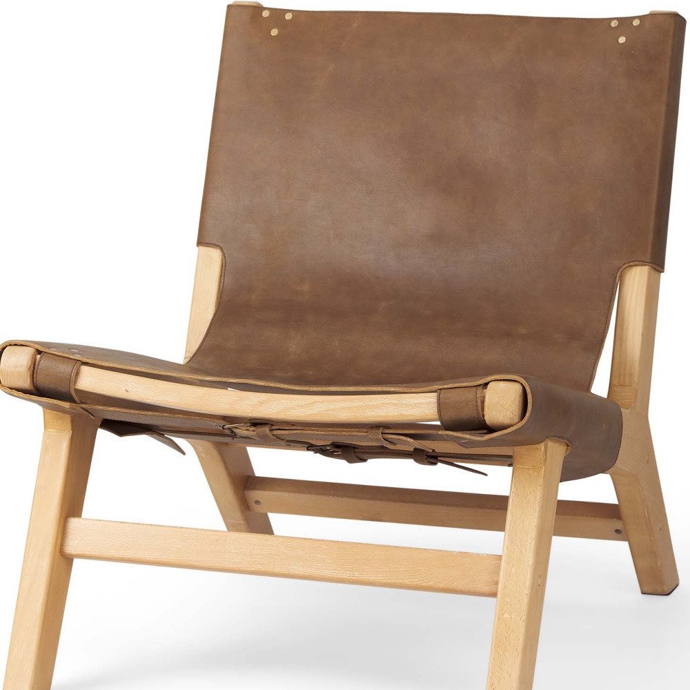 32" Brown and Natural Genuine Leather and Solid Wood Slipper Chair
