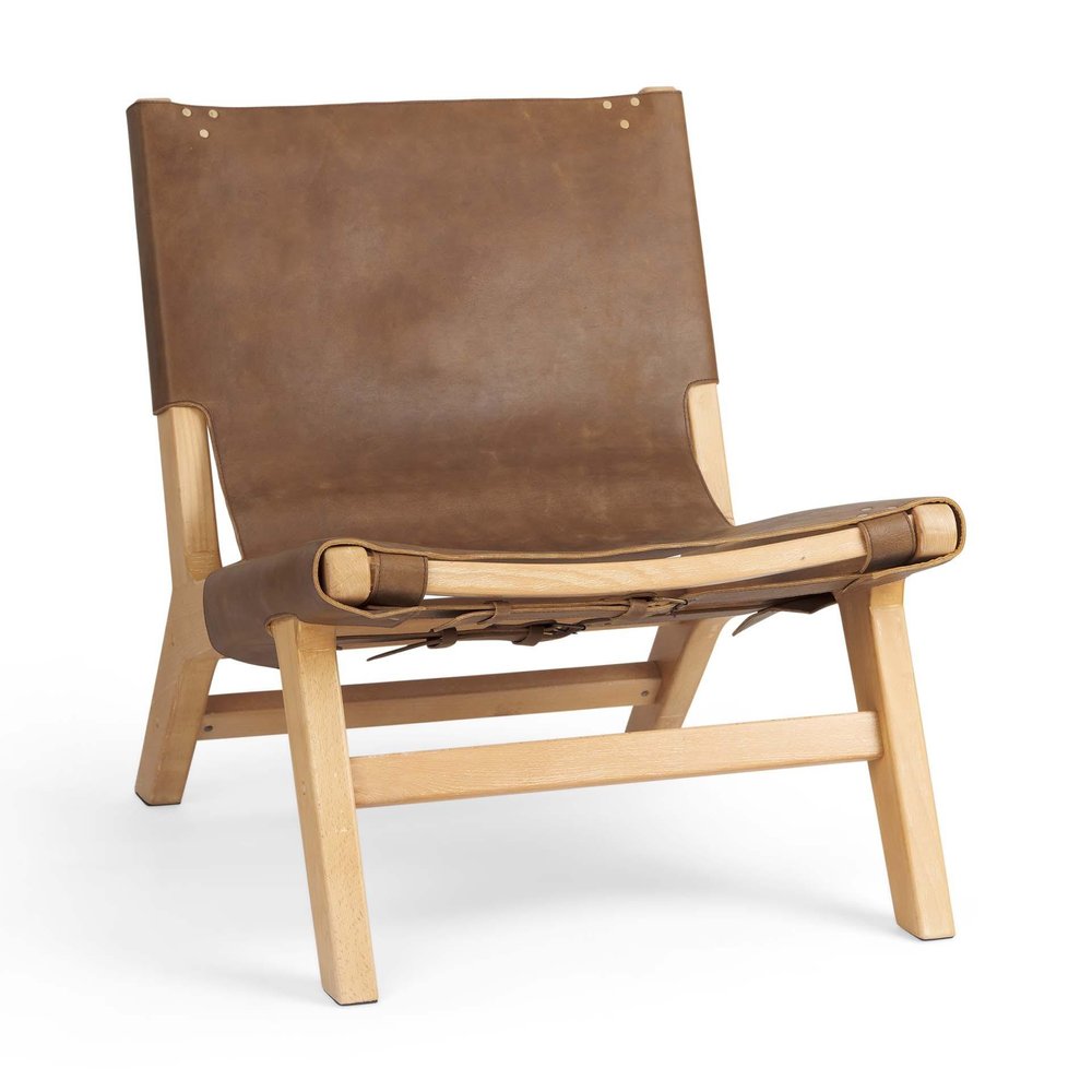 32" Brown and Natural Genuine Leather and Solid Wood Slipper Chair