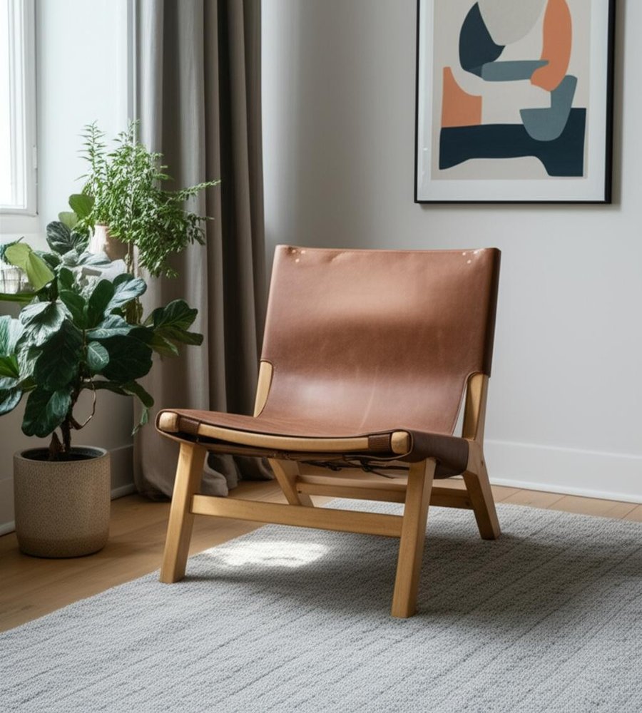 32" Brown and Natural Genuine Leather and Solid Wood Slipper Chair