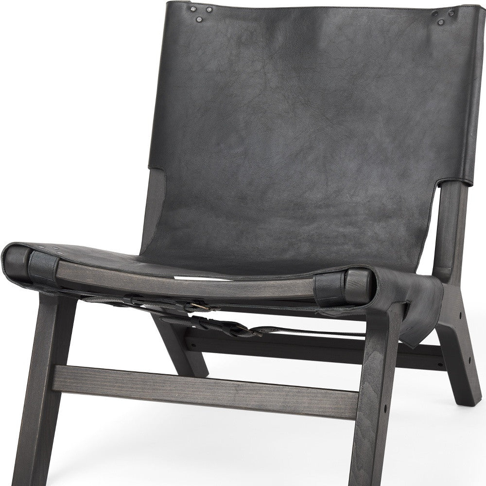 32" Black Genuine Leather and Solid Wood Slipper Chair