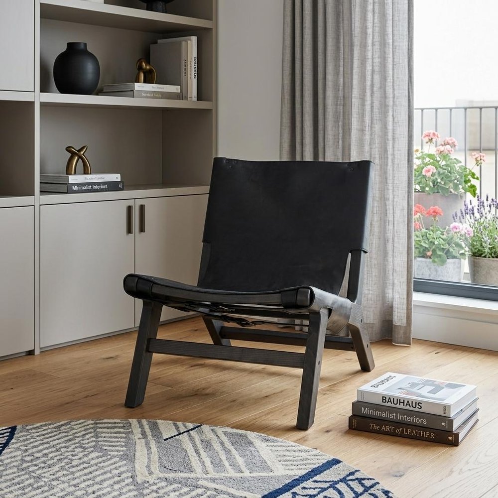 32" Black Genuine Leather and Solid Wood Slipper Chair