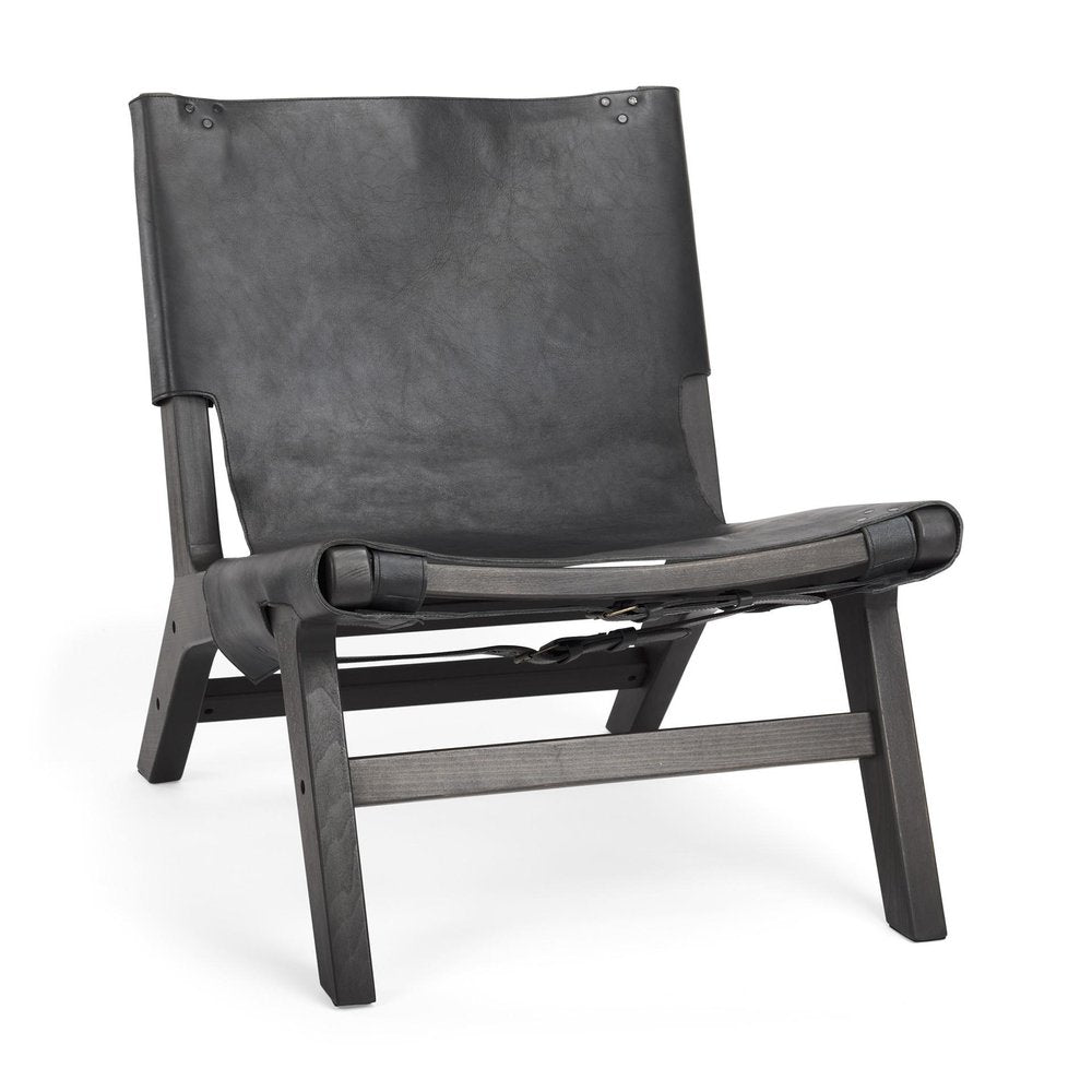 32" Black Genuine Leather and Solid Wood Slipper Chair