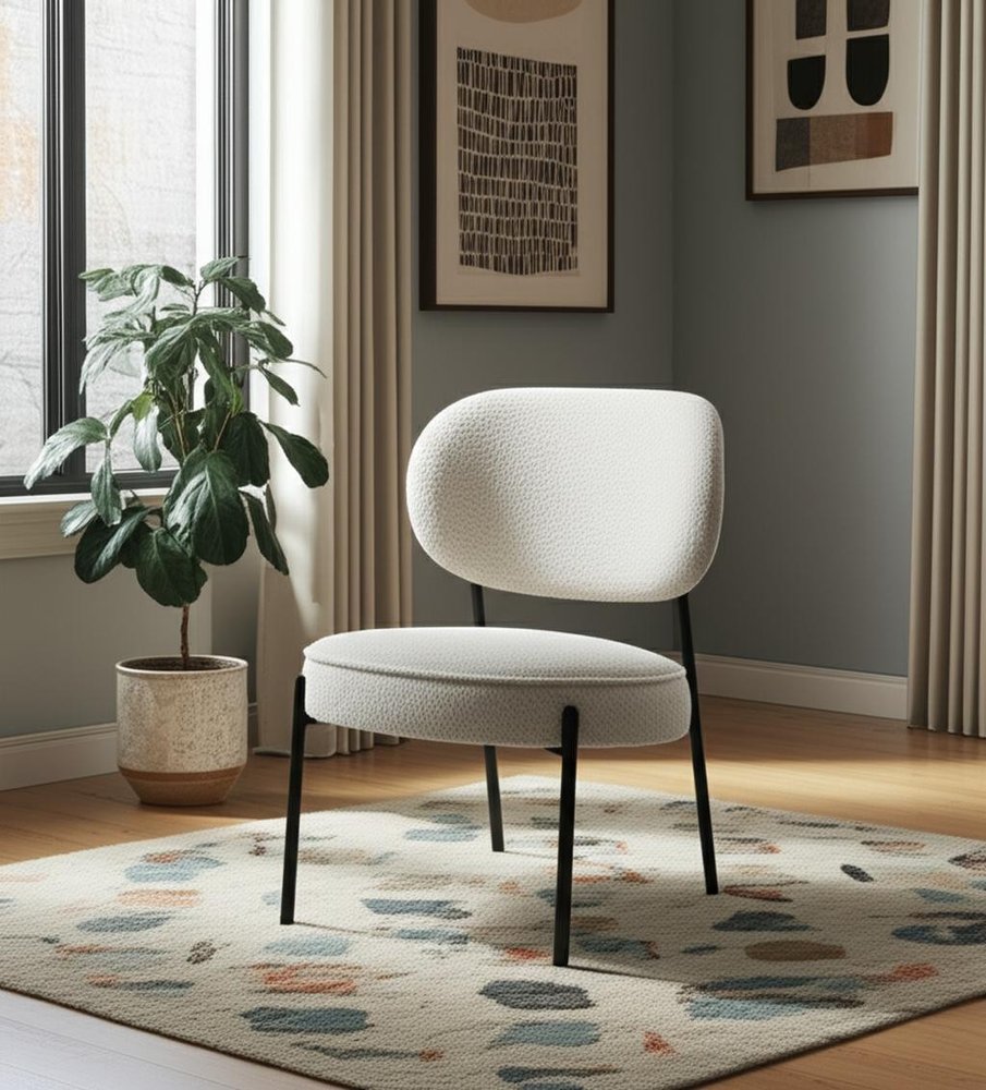 21" Cream and Black Boucle and Metal Lounge Chair