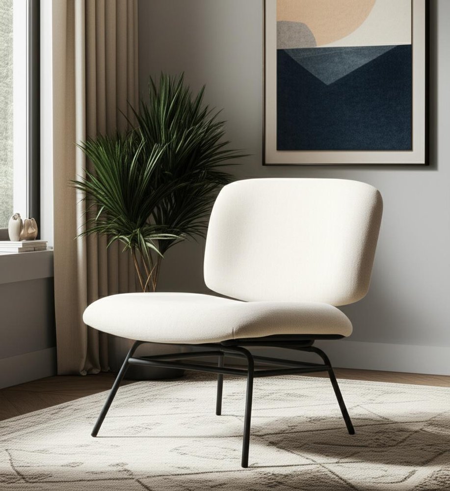 25" Cream and Black Chenille and Metal Slipper Chair