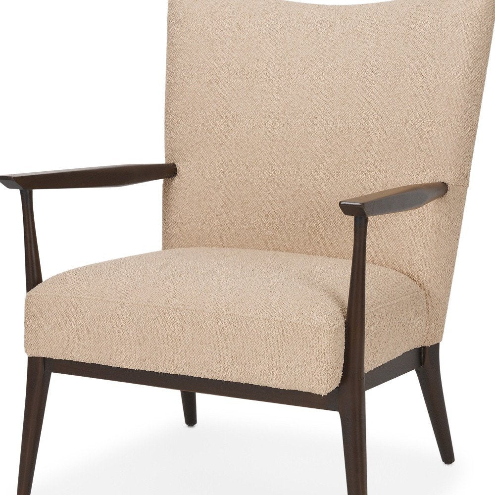 29" Beige and Dark Brown Boucle and Solid Wood Wingback Chair