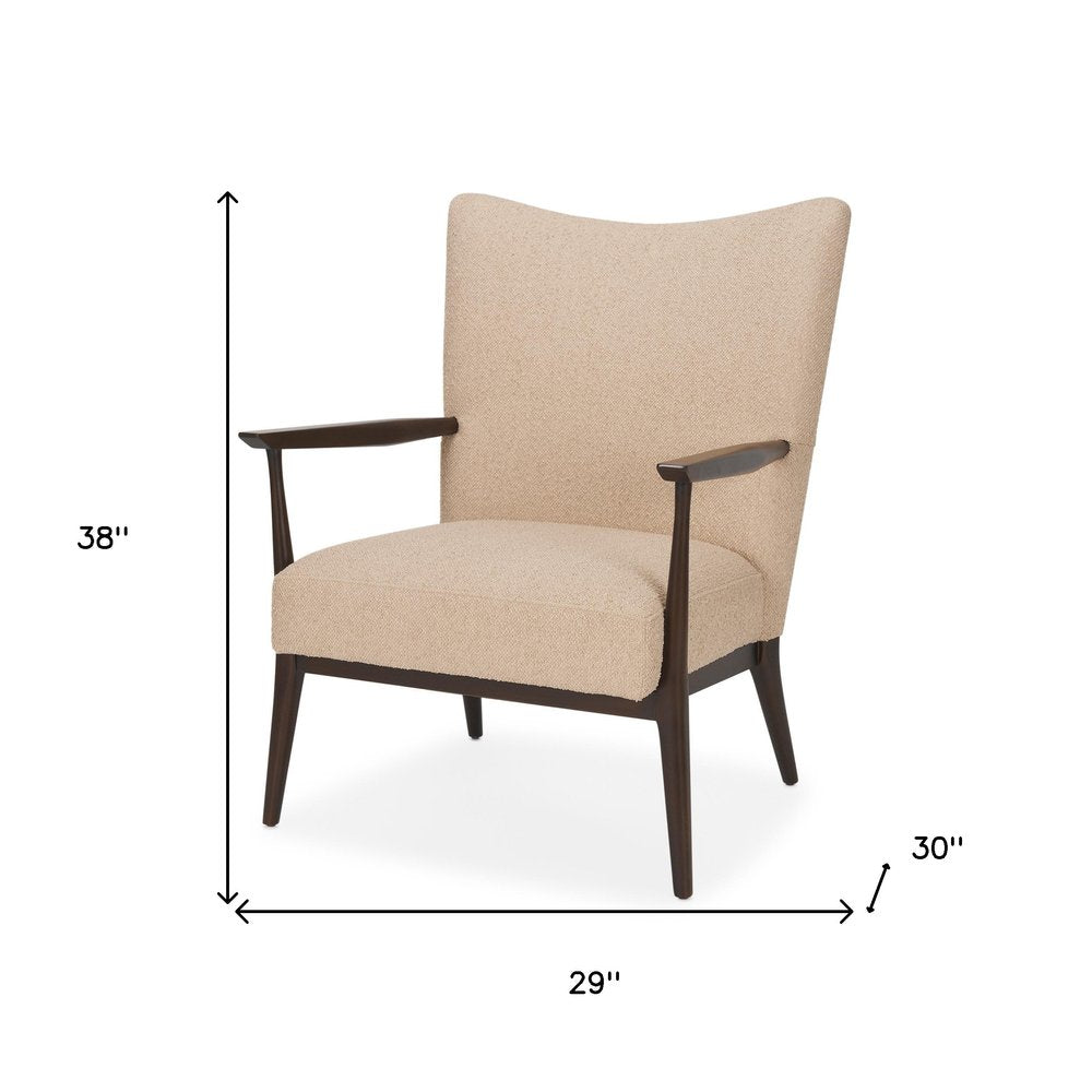 29" Beige and Dark Brown Boucle and Solid Wood Wingback Chair