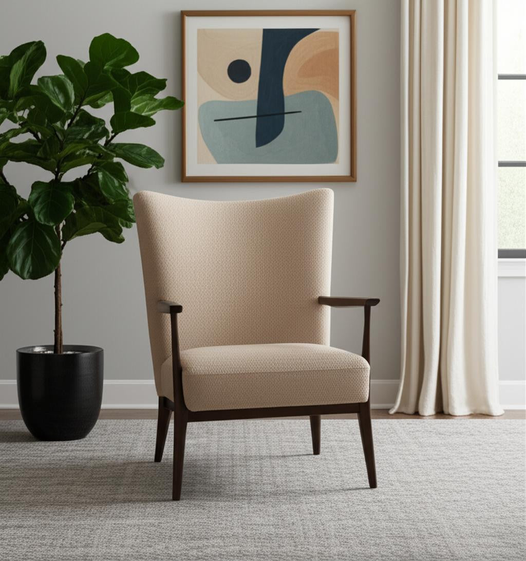 29" Beige and Dark Brown Boucle and Solid Wood Wingback Chair