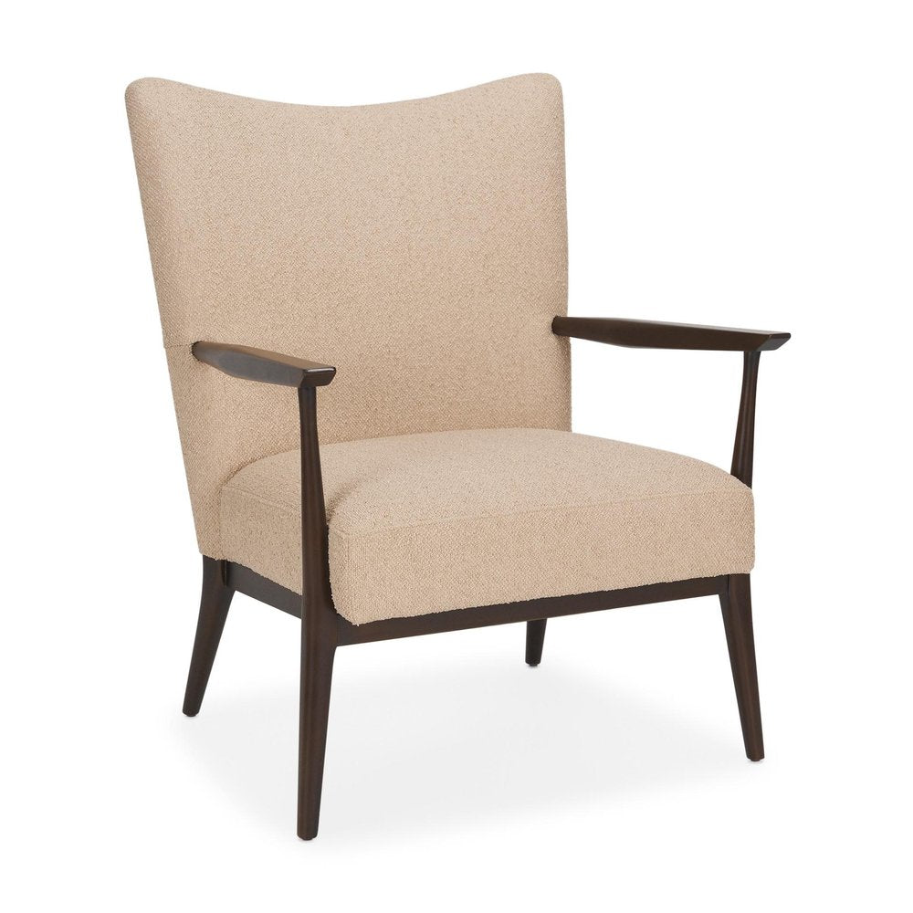 29" Beige and Dark Brown Boucle and Solid Wood Wingback Chair