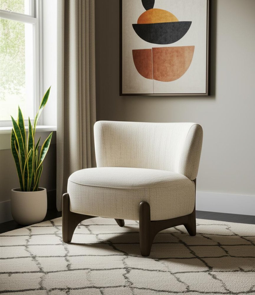 29" Cream and Dark Brown Upholstery and Solid Wood Slipper Chair