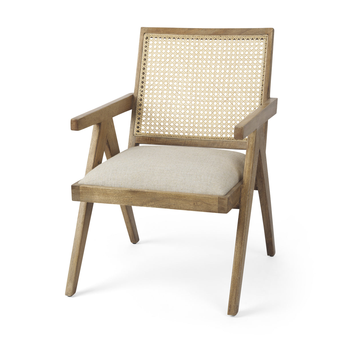 22" Beige and Natural Linen and Solid Wood Arm Chair