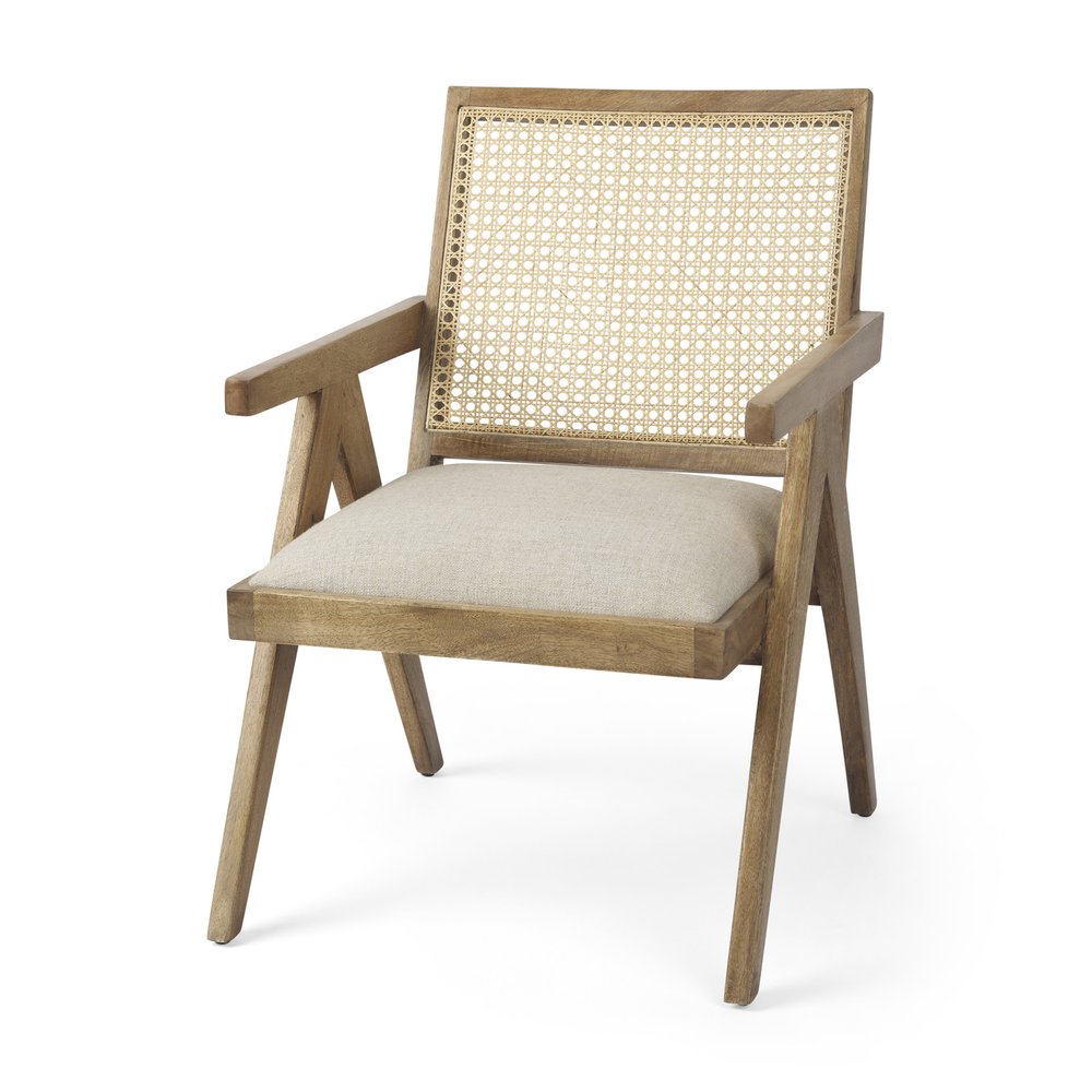 22" Beige and Natural Linen and Solid Wood Arm Chair
