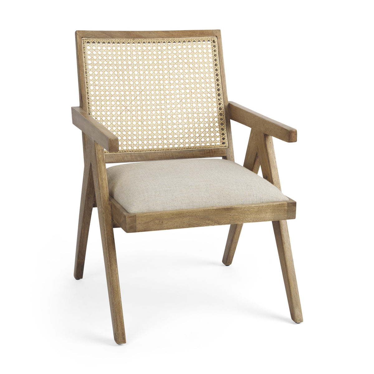 22" Beige and Natural Linen and Solid Wood Arm Chair