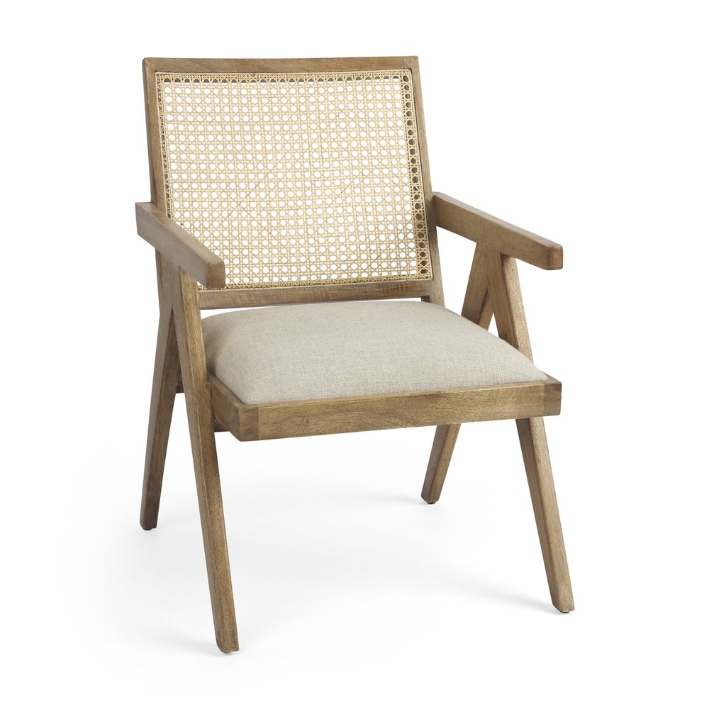 22" Beige and Natural Linen and Solid Wood Arm Chair