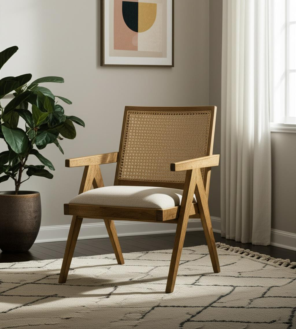22" Beige and Natural Linen and Solid Wood Arm Chair