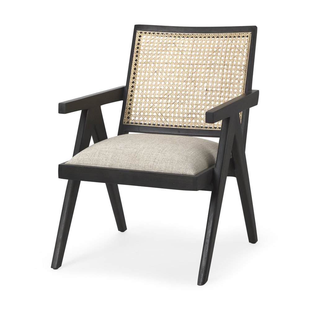 28" Gray and Black Linen and Solid Wood Arm Chair