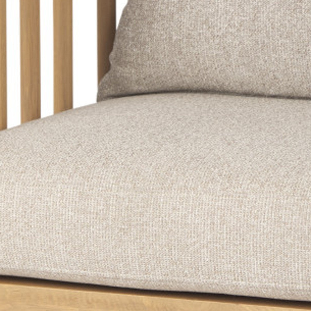 31" Beige and Natural Upholstery and Solid Wood Barrel Chair