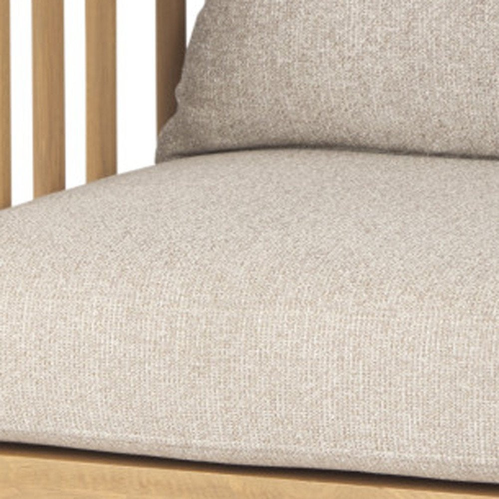 31" Beige and Natural Upholstery and Solid Wood Barrel Chair