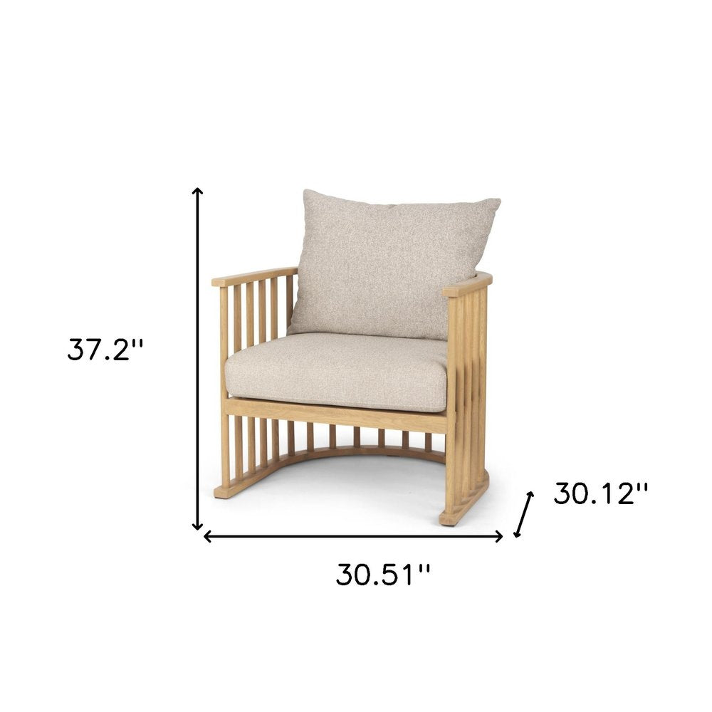 31" Beige and Natural Upholstery and Solid Wood Barrel Chair