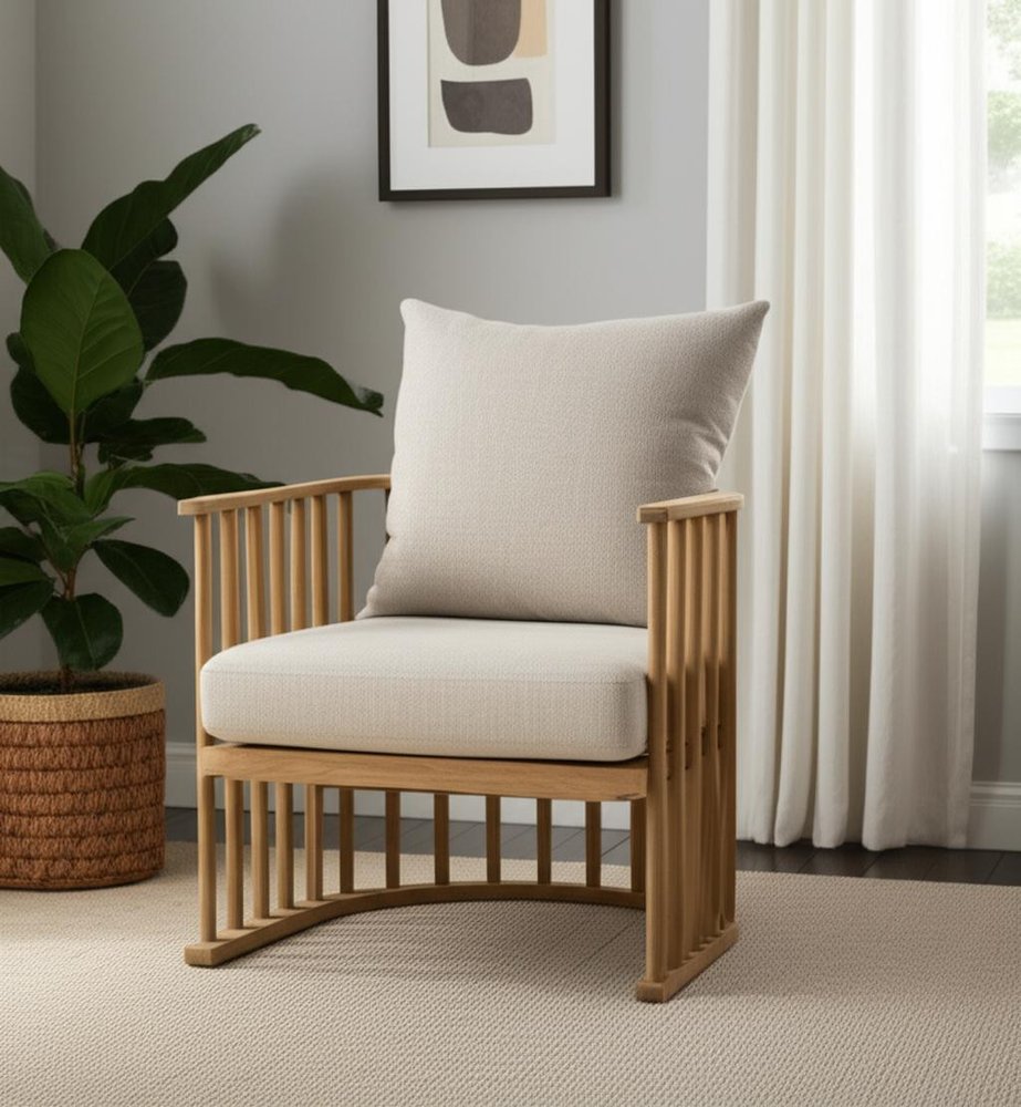 31" Beige and Natural Upholstery and Solid Wood Barrel Chair