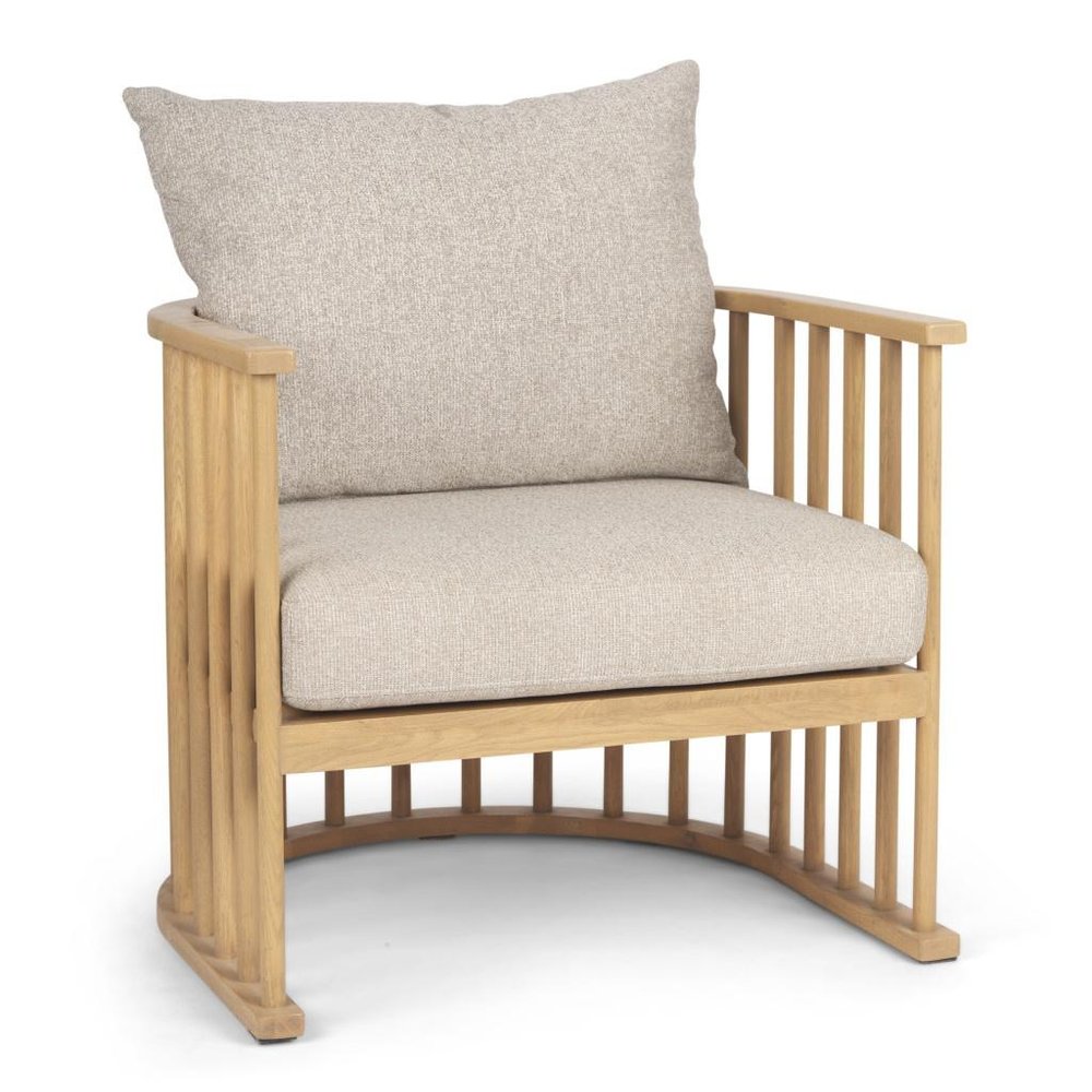 31" Beige and Natural Upholstery and Solid Wood Barrel Chair