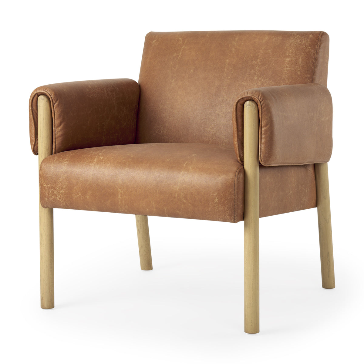 30" Brown and Natural Faux Leather and Solid Wood Arm Chair