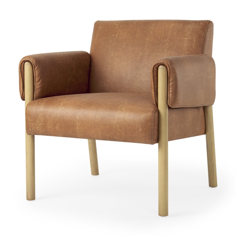 30" Brown and Natural Faux Leather and Solid Wood Arm Chair