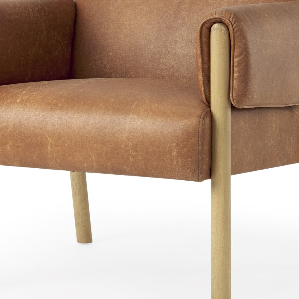 30" Brown and Natural Faux Leather and Solid Wood Arm Chair