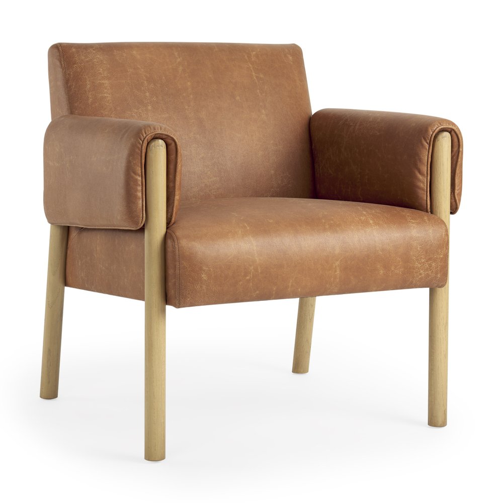 30" Brown and Natural Faux Leather and Solid Wood Arm Chair