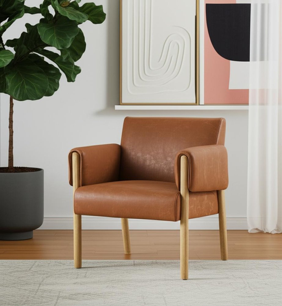 30" Brown and Natural Faux Leather and Solid Wood Arm Chair