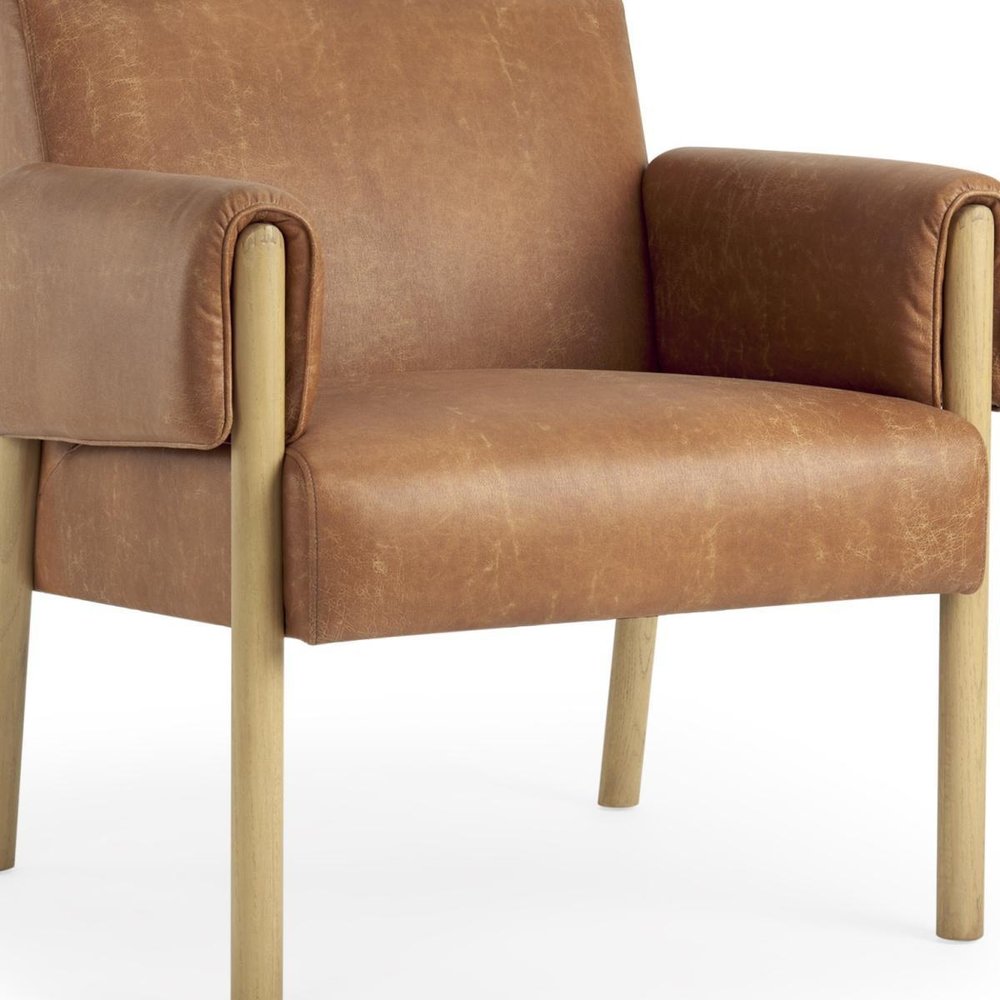 30" Brown and Natural Faux Leather and Solid Wood Arm Chair