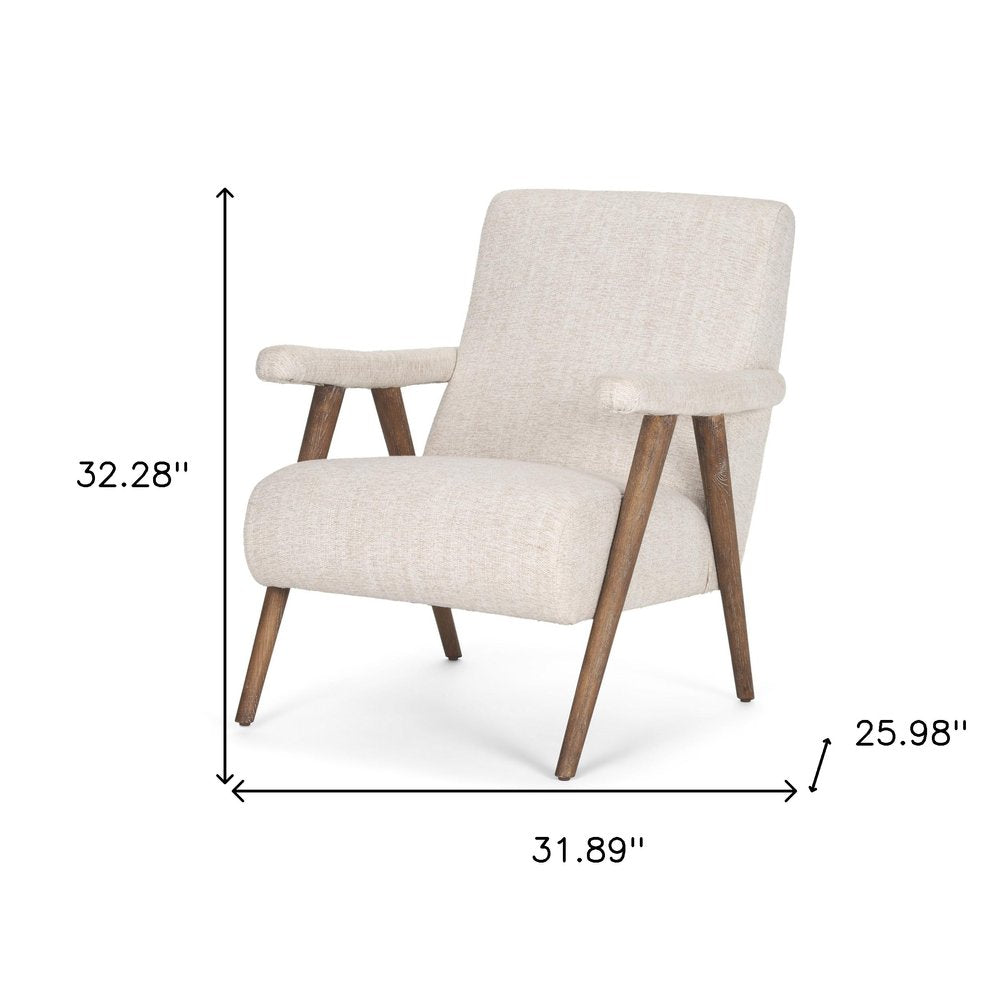 32" Cream and Brown Linen and Solid Wood Arm Chair