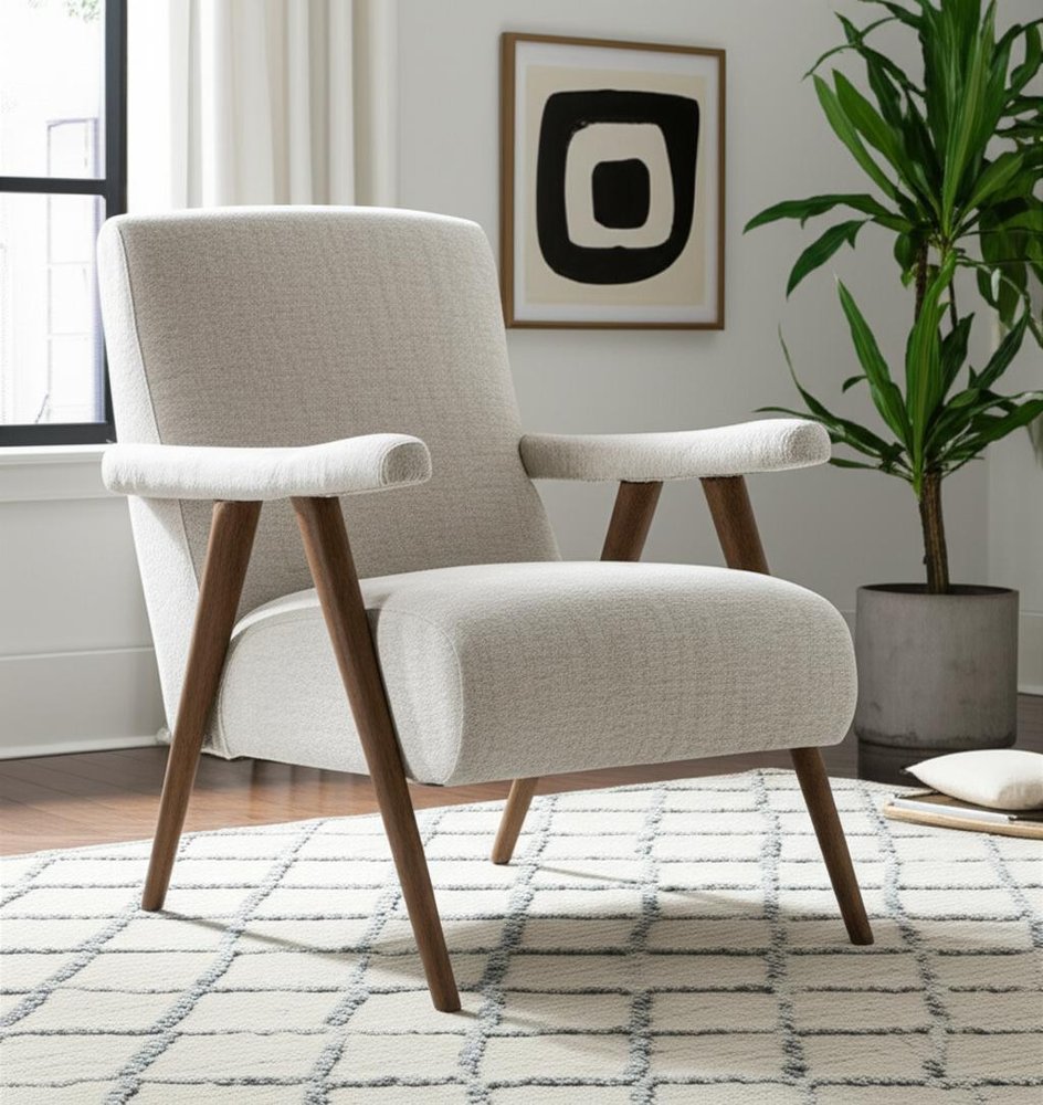 32" Cream and Brown Linen and Solid Wood Arm Chair