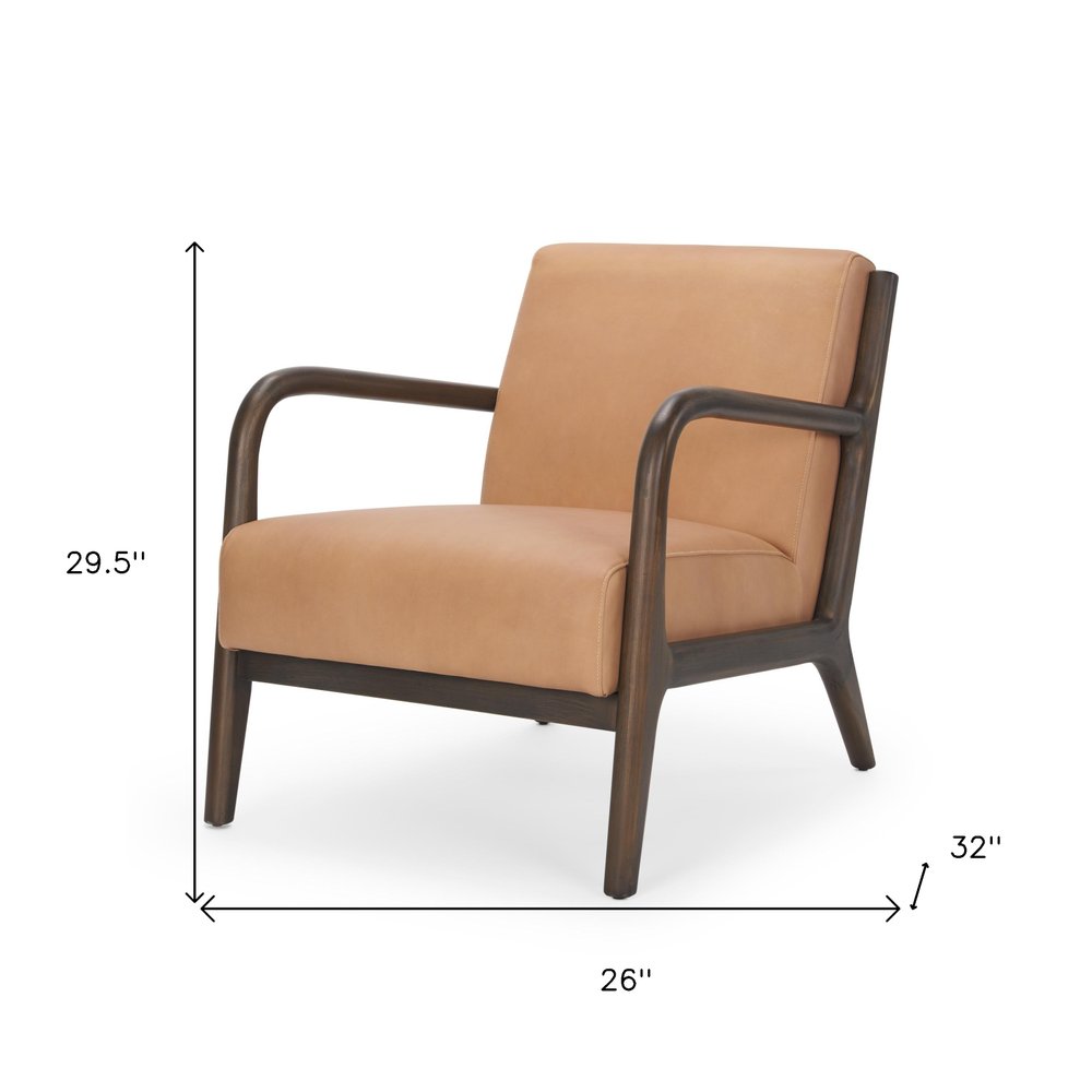 26" Tan and Dark Brown Genuine Leather and Solid Wood Arm Chair