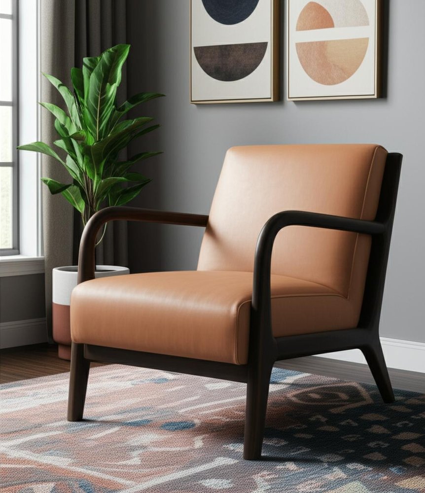 26" Tan and Dark Brown Genuine Leather and Solid Wood Arm Chair