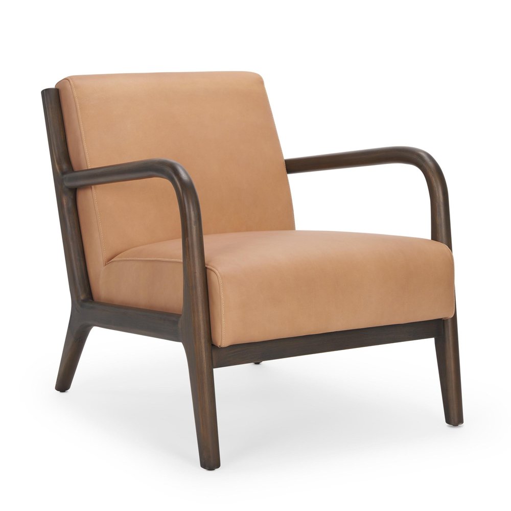26" Tan and Dark Brown Genuine Leather and Solid Wood Arm Chair