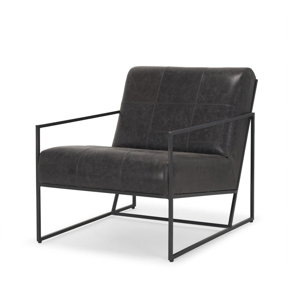 37" Black Genuine Leather and Metal Lounge Chair