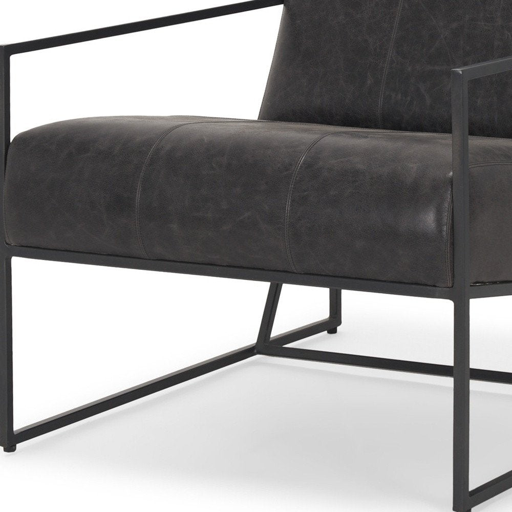 37" Black Genuine Leather and Metal Lounge Chair