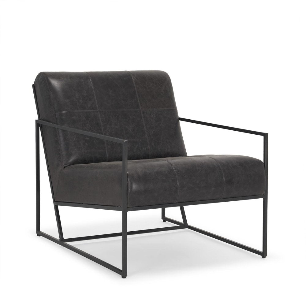 37" Black Genuine Leather and Metal Lounge Chair