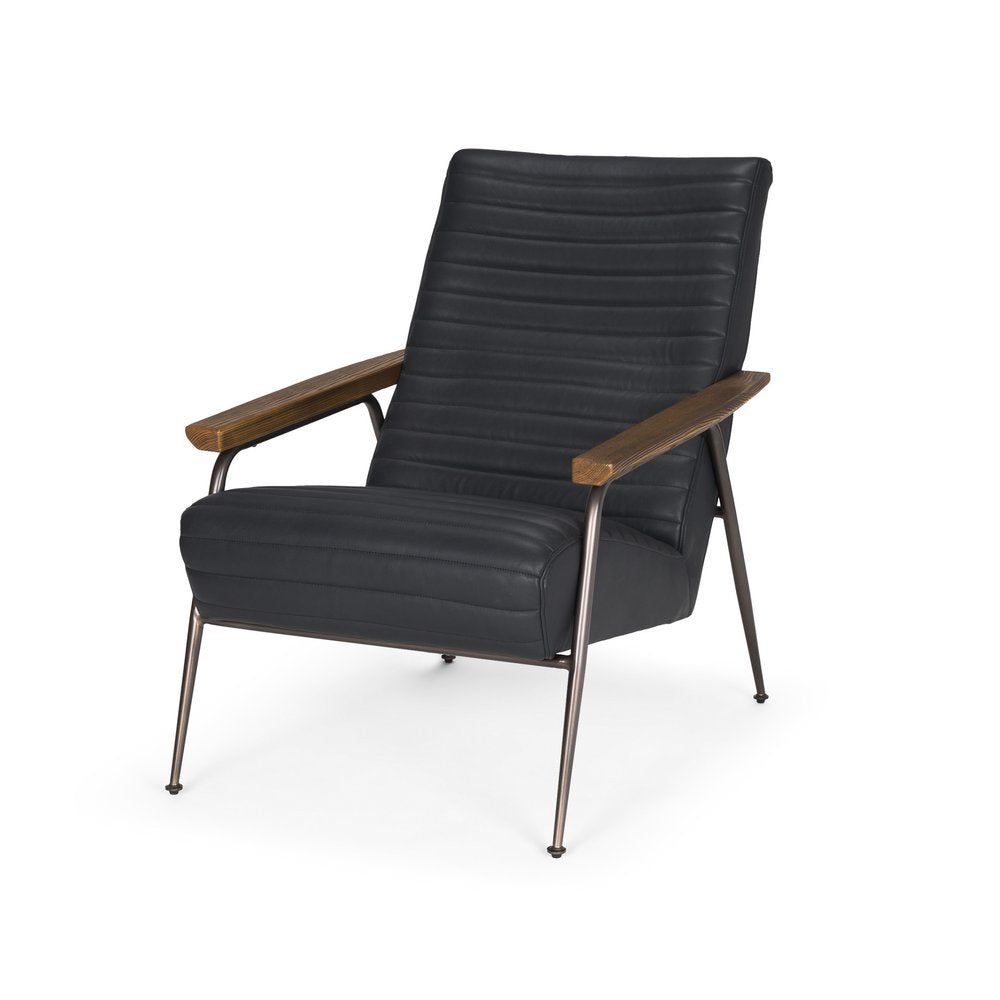 37" Black Genuine Leather and Metal Arm Chair