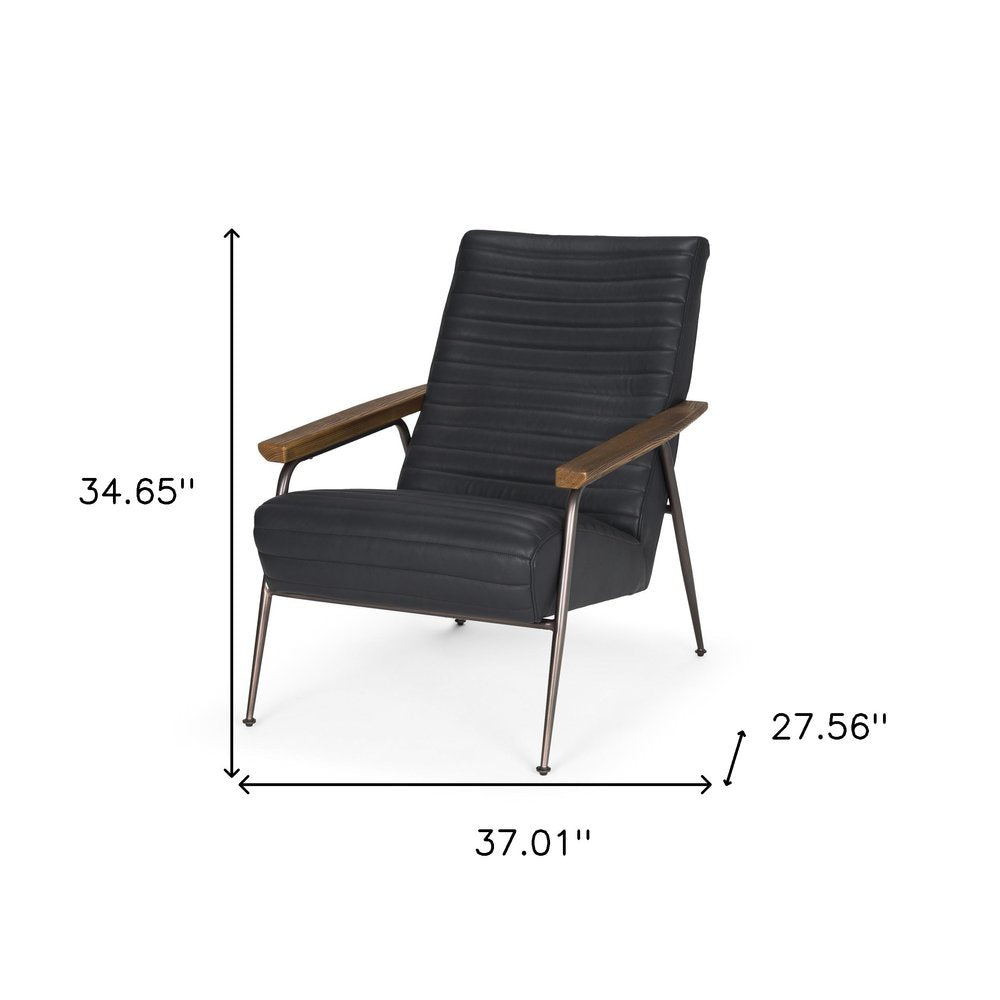 37" Black Genuine Leather and Metal Arm Chair