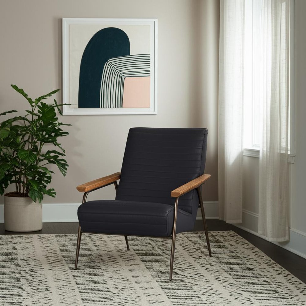 37" Black Genuine Leather and Metal Arm Chair
