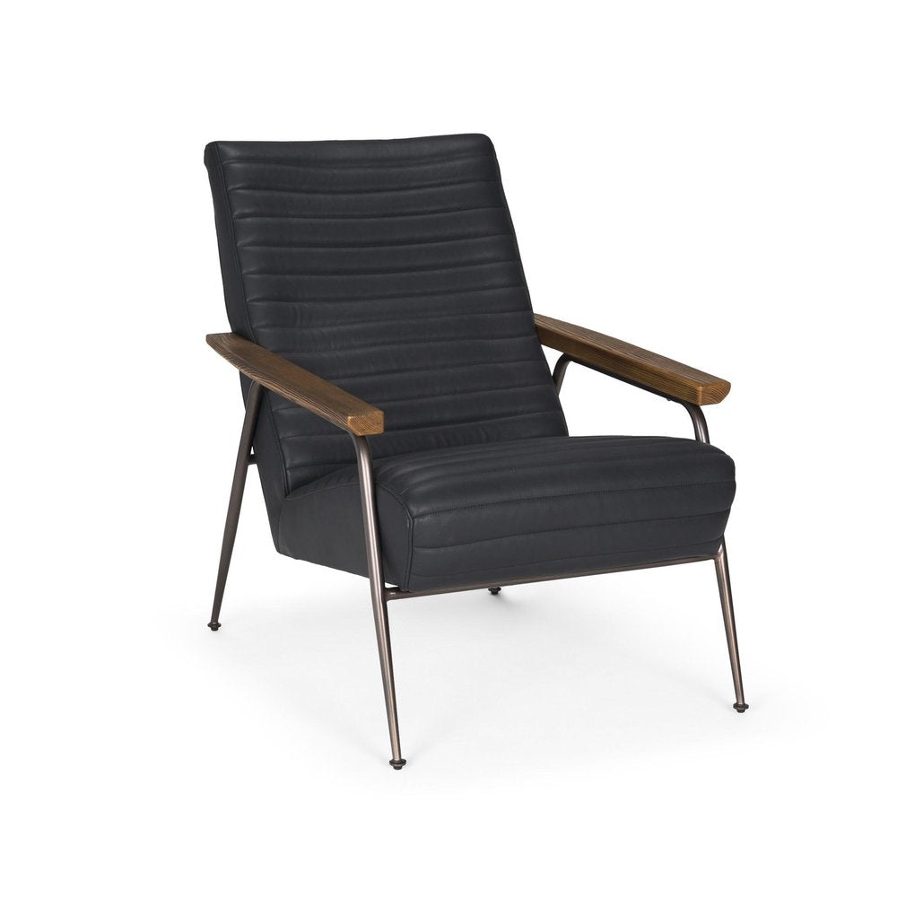 37" Black Genuine Leather and Metal Arm Chair