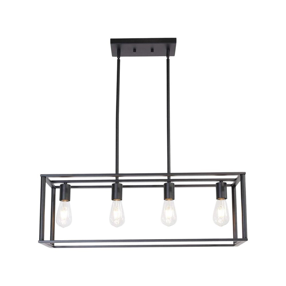 Black Metal Four Light Caged Rectangular Hanging Pendent Light