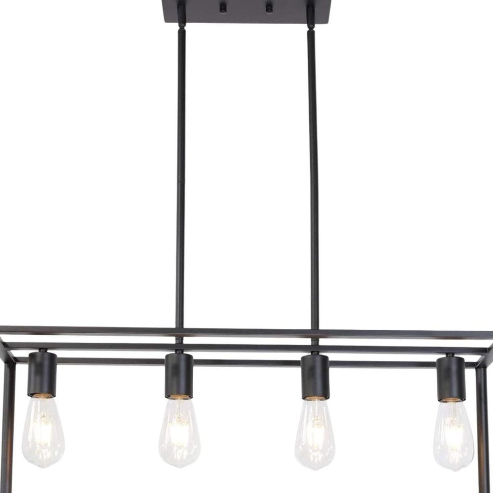 Black Metal Four Light Caged Rectangular Hanging Pendent Light