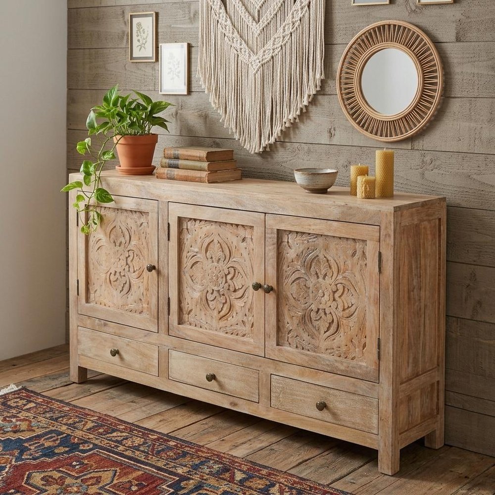 64" Natural Solid Wood Carved Floral Three Drawer Sideboard With Three Doors
