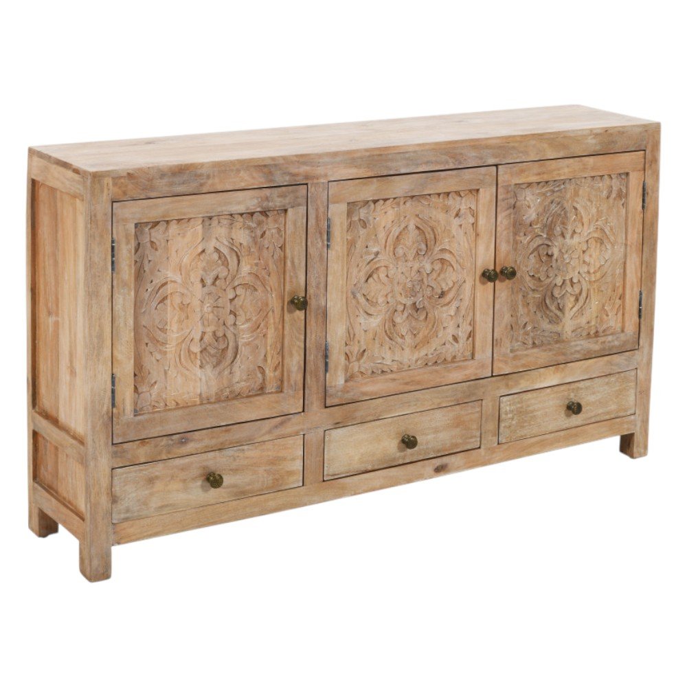 64" Natural Solid Wood Carved Floral Three Drawer Sideboard With Three Doors