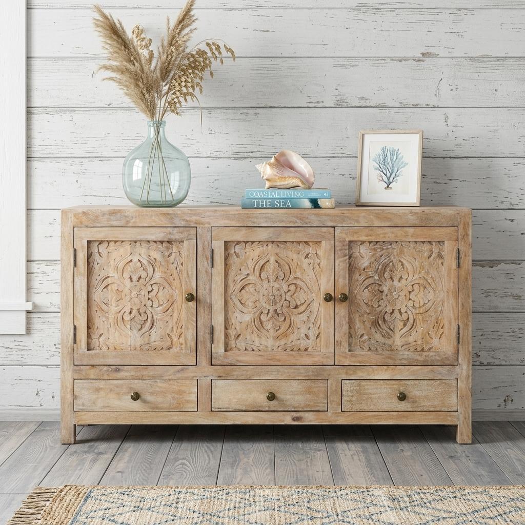 64" Natural Solid Wood Carved Floral Three Drawer Sideboard With Three Doors