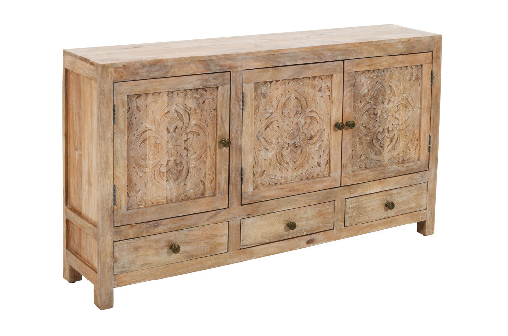 64" Natural Solid Wood Carved Floral Three Drawer Sideboard With Three Doors