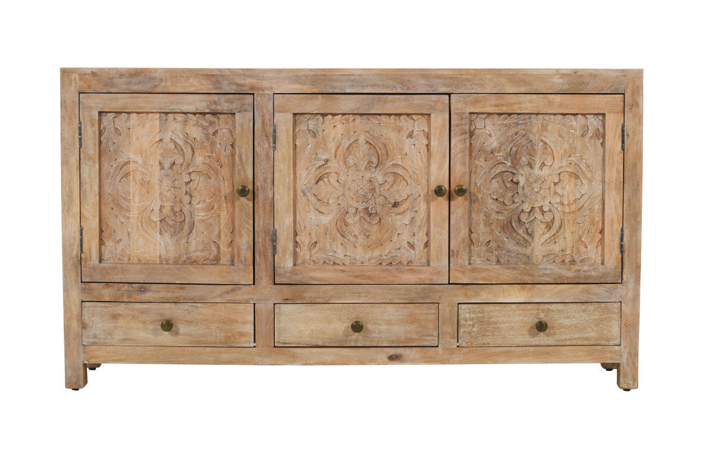 64" Natural Solid Wood Carved Floral Three Drawer Sideboard With Three Doors